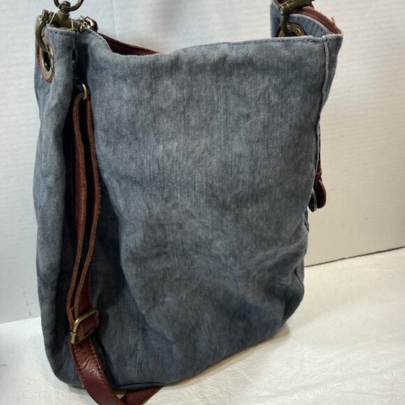 Lucky Brand BOHO Large Distressed Braided Leather Strap Blue Tote Shoulder Bag - Picture 3 of 16